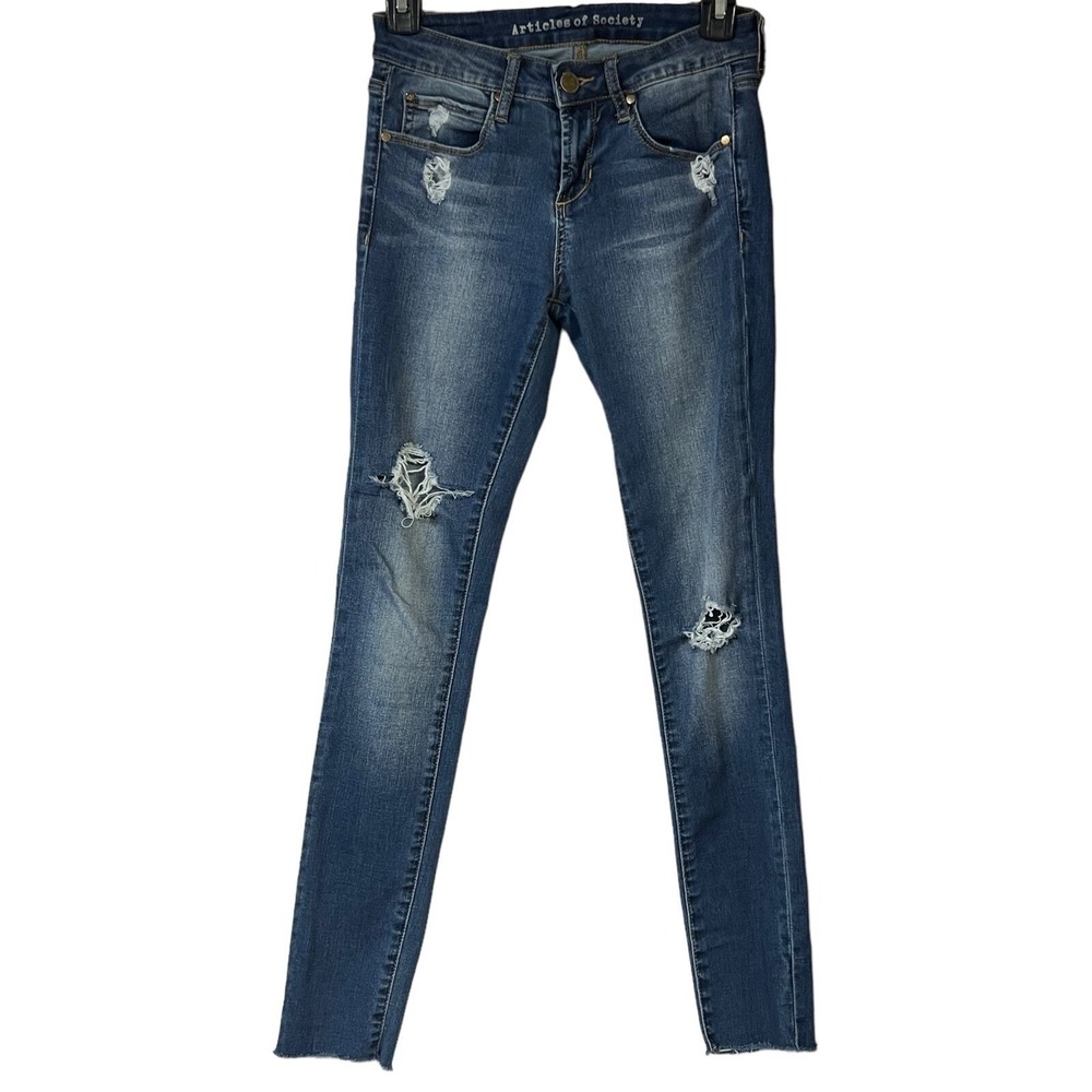 Articles Of Society Jeans 24 Blue Prairie‎ Wash Distressed Fringe Boho Stretch